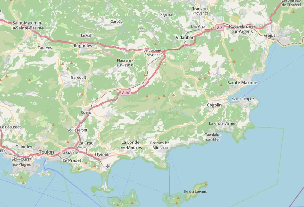 Carte du littoral varois de Toulon à Fréjus, avec Hyères, Cavalaire-sur-Mer, Saint-Tropez, Sainte-Maxime et Roquebrune-sur-Argens