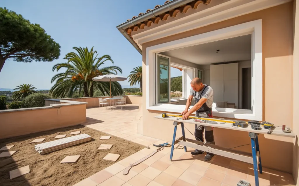 Vignette photoréaliste 16:9 de rénovation fréjus : artisans posant du carrelage et mesurant une planche sur terrasse ensoleillée, outils et plans sur établi, villa provençale en arrière-plan avec palmiers et pins parasols sous lumière dorée méditerranéenne.