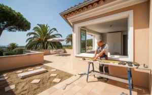 Vignette photoréaliste 16:9 de rénovation fréjus : artisans posant du carrelage et mesurant une planche sur terrasse ensoleillée, outils et plans sur établi, villa provençale en arrière-plan avec palmiers et pins parasols sous lumière dorée méditerranéenne.