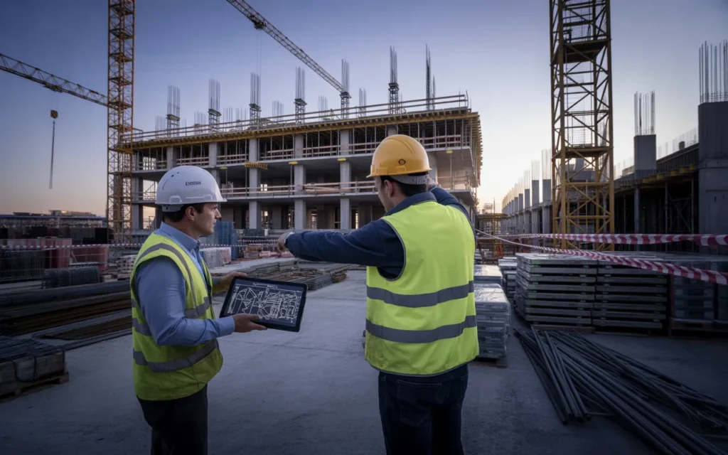 Vignette photo réaliste cinématographique de gestion de chantier : chef de chantier en gilet haute visibilité et casque utilisant une tablette avec plans et diagrammes, collègue pointant le bâtiment, grue, échafaudages, matériaux et ouvriers au lever du jour.
