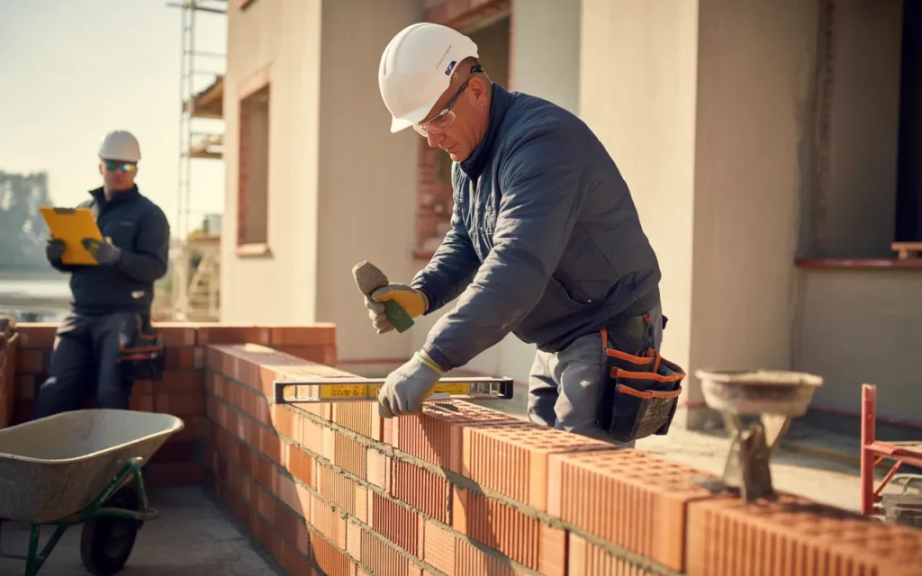 Maçonnerie générale : maçon en EPI posant des parpaings avec truelle et niveau à bulle, chantier propre avec tas de blocs, seau de mortier, brouette, bétonnière floue et clipboard neutre pour devis/budget, maison en rénovation en arrière-plan.