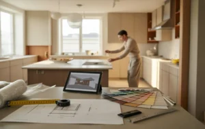 Rénovation haut de gamme d’un salon cuisine ouverte moderne en finition, marbre clair veiné, noyer et laiton brossé, table avec plans d’architecte, nuancier et tablette 3D, chantier premium ordonné avec ouvrier flouté en arrière-plan.