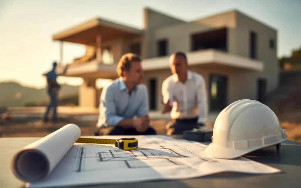Construction villa contemporaine en cours de chantier avec plan architectural, casque blanc, tablette 3D et échantillons de matériaux, chef de chantier et architecte discutant, lumière dorée et espace négatif éditorial.