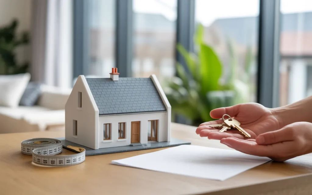 Vignette photoréaliste 16:9 d’un intérieur moderne rénové (salon cuisine ouverte) avec maison miniature, clés et document flouté sur table en bois, matériaux premium et courbe abstraite de hausse en arrière-plan, illustrant la valorisation immobilière et l’augmentation du prix d’un bien.