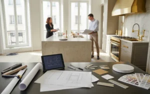 Rénovation luxe d’un appartement haussmannien rénové en 2026 : parquet point de Hongrie, moulures et cheminée en marbre, table de chantier avec plans vierges, tablette à graphiques abstraits, échantillons premium et outils, deux professionnels près d’une cuisine contemporaine haut de gamme.