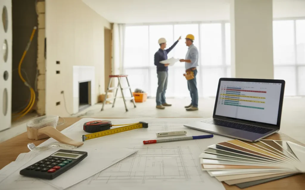 Vignette photoréaliste 16:9 d’une rénovation complète en intérieur moderne : plans d’architecte, mètre ruban, ordinateur portable au planning abstrait, calculatrice et échantillons de matériaux au premier plan, avec pièce en travaux, mur ouvert, outils et personnes casquées discutant en arrière-plan.