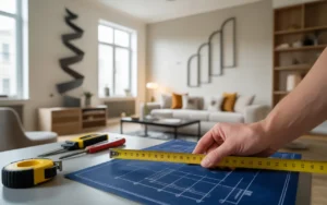 Main tenant un plan d’architecte et un mètre ruban dans un appartement moderne en cours de travaux, outils de rénovation au premier plan, clés et éléments suggérant la location à l’arrière-plan, touches de rentabilité discrètes (pièces, calculatrice) — rénovation investissement locatif