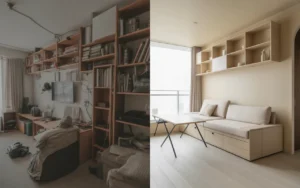 Vignette photoréaliste 16:9 d’un petit salon‑studio moderne en avant/après, montrant l’optimisation espace pour gagner des m² avec rangement intelligent, meubles multifonctions, table pliante, lit escamotable, miroir et décoration scandinave lumineuse.