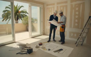 Scène photoréaliste de rénovation cannes : appartement haussmannien lumineux à Cannes avec moulures, grandes fenêtres dorées, terrasse floue avec palmiers et mer, deux professionnels casqués consultant des plans, matériel de chantier soigné (bâches, rouleau, niveau, échantillons parquet/carrelage, mètre ruban, calculatrice, calendrier).