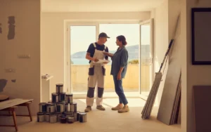 Vignette photoréaliste haut de gamme d’une scène de rénovation toulon dans un appartement lumineux : artisan avec plan papier et tablette neutre discutant avec la propriétaire, matériaux et outils bien rangés, ambiance avant/après, lumière chaude de fin d’après-midi et vue méditerranéenne en arrière-plan.