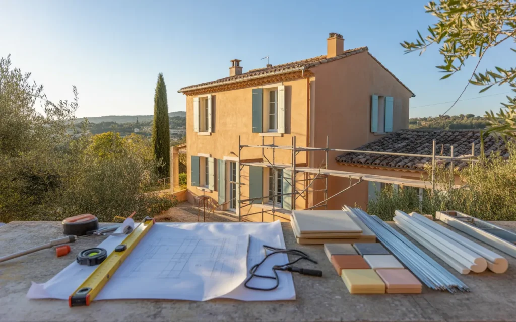 Maison provençale en cours de travaux dans le Var, échafaudage et chantier propre avec plans de rénovation, outils (mètre, niveau), casque et gants, échantillons de matériaux, artisans discutant près des blueprints, lumière dorée de fin d’après‑midi, végétation méditerranéenne — rénovation var