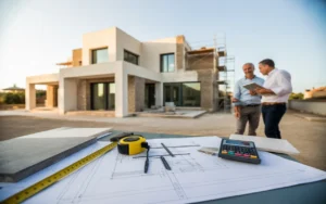 Vignette photoréaliste de rénovation villa contemporaine méditerranéenne au coucher du soleil, avec table de chantier (plans, mètre ruban, échantillons, calculatrice, casque), architecte et propriétaire discutant, échafaudage et zones de façade à différents stades d’avancement.