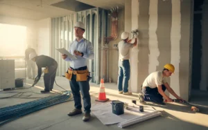 Chantier de rénovation extérieur à l’entrée d’un bâtiment, chef de chantier coordonnant avec tablette et artisans (électricien, plombier, maçon/plaquiste, peintre) dans un environnement propre et organisé, travaux tous corps d état.