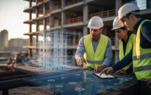 Vignette photoréaliste de gestion de projet construction sur chantier urbain en 2026 : chef de projet et deux ingénieurs en EPI coordonnant les étapes avec tablette affichant planning Gantt en icônes, plans roulés, hologramme BIM, drones et grue au coucher du soleil.