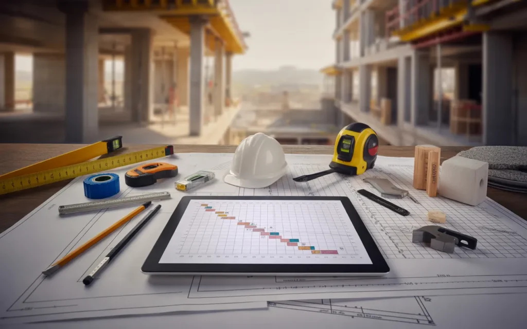 Coordination travaux : table de conduite de chantier en légère plongée avec plans d’architecte, planning type Gantt sans texte, tablette de budget, outils (casque, mètre, niveau) et mains pointant le planning, fond de chantier intérieur flou.
