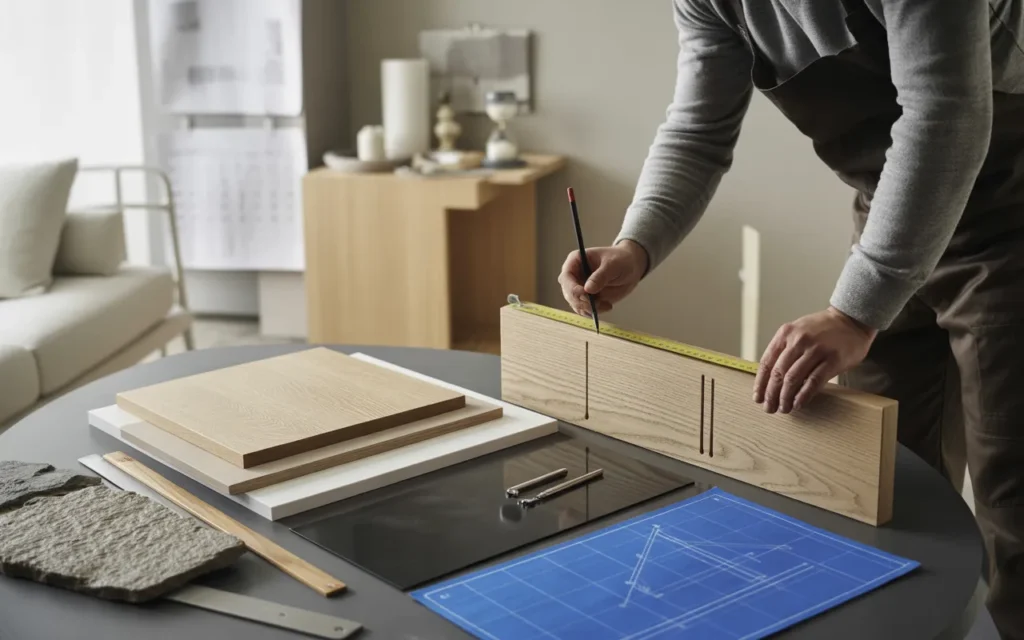 Artisan menuisier ajustant une bibliothèque en mobilier sur mesure dans un atelier haut de gamme, échantillons de bois et matériaux sur établi, quincaillerie et plan technique flou, lumière naturelle premium évoquant prix, matériaux et délais