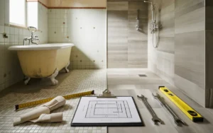 Alt text : Vignette photo réaliste 16:9 de rénovation salle de bain en split-scène avant/après, à gauche carrelage ancien terni et robinetterie datée, à droite douche à l’italienne moderne avec meuble vasque suspendu, miroir rond rétroéclairé et outils de chantier au premier plan.