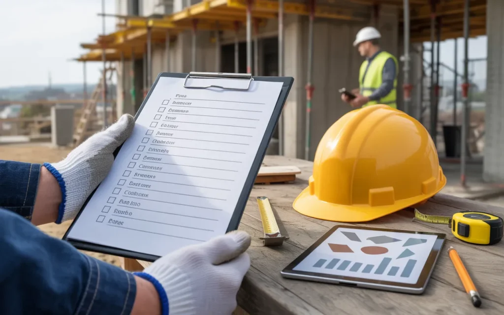 Suivi de chantier : main gantée tenant une checklist sur clipboard avec cases cochées, casque de chantier, mètre ruban, crayon et tablette à graphiques abstraits, structure de bâtiment et chef de chantier flous en arrière-plan.