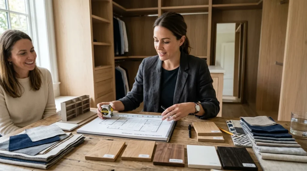 Designer planifiant un dressing sur mesure avec échantillons de bois, tissus, mètre ruban.