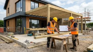 Photo d’un chantier de véranda moderne, ouvriers mesurant matériaux et consultant documents.