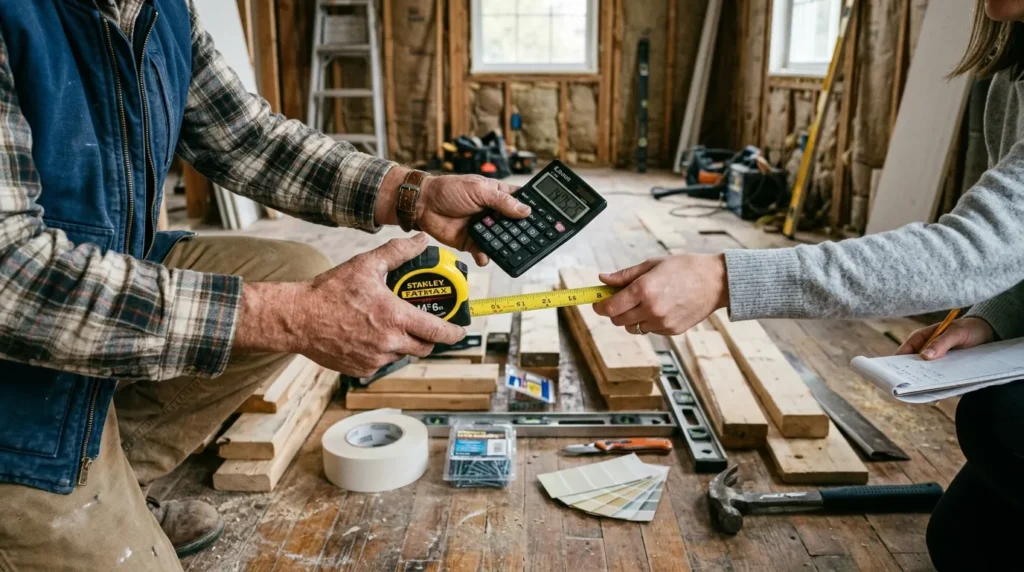 Contracteur tend un mètre ruban et une calculatrice au-dessus de matériaux de rénovation.