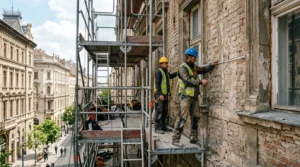 Des ouvriers rénovent une façade sur échafaudage, mesurant le mur au mètre ruban.