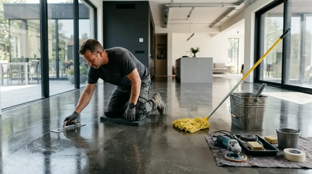 Contracteur lissant un sol en béton poli, outils et serpillière à proximité.