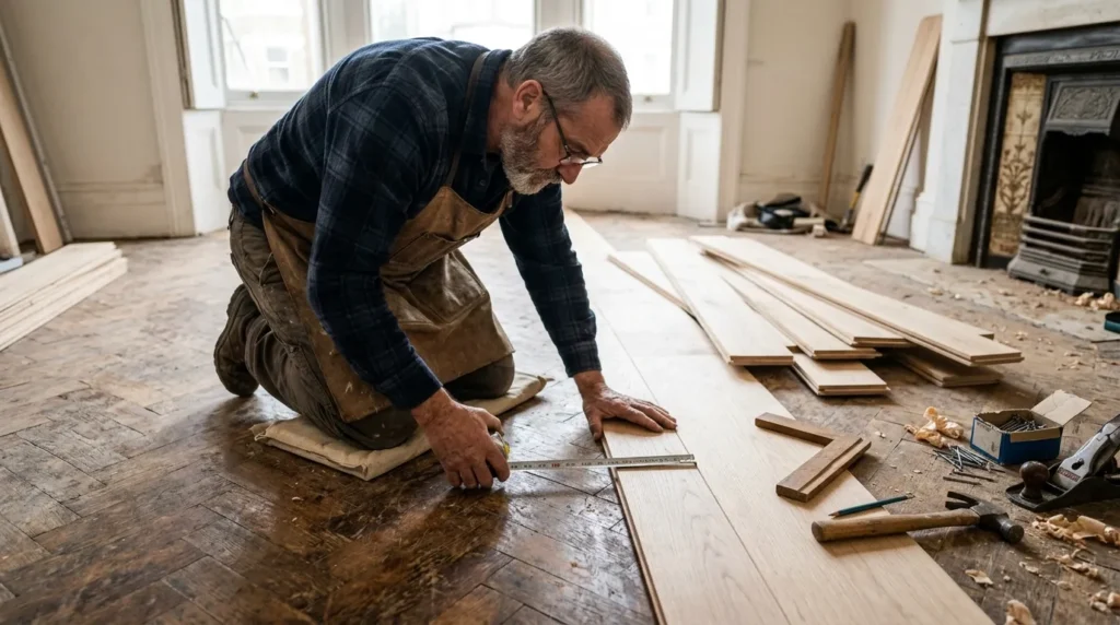 Un menuisier examine un parquet usé près de nouvelles lames, outils au sol.
