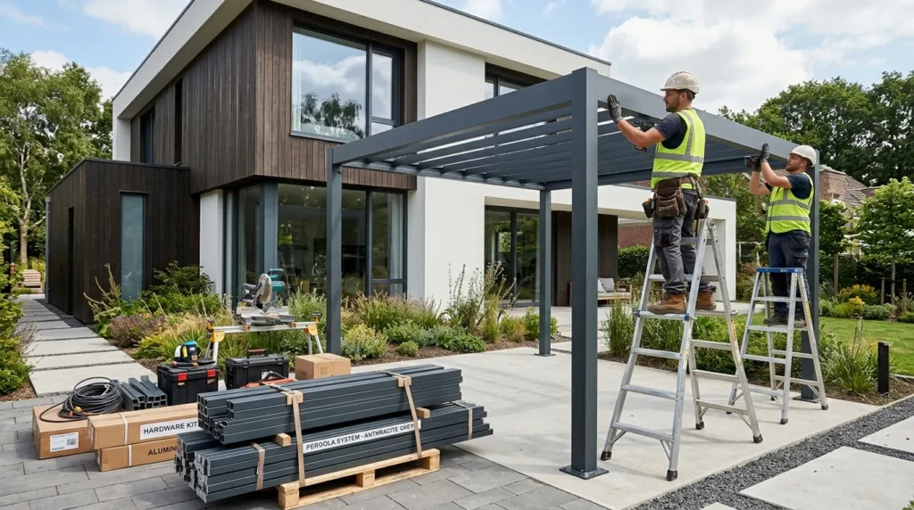 Photo réaliste d’ouvriers installant une pergola en aluminium près d’une maison moderne, matériaux empilés.