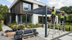Photo réaliste d’ouvriers installant une pergola en aluminium près d’une maison moderne, matériaux empilés.