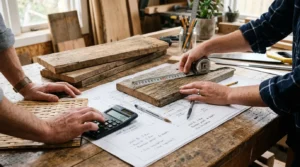 Des mains planifient une rénovation écologique avec bois recyclé, panneaux bambou, mètre, calculatrice.