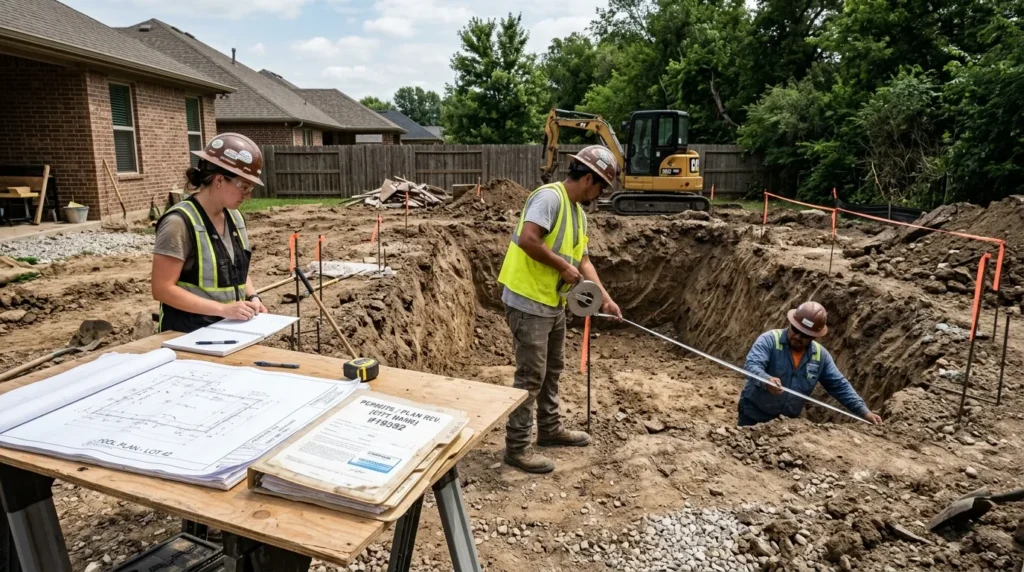 Travailleurs mesurant excavation de piscine dans un jardin, plans et permis à côté
