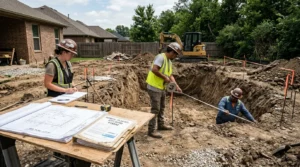 Travailleurs mesurant excavation de piscine dans un jardin, plans et permis à côté