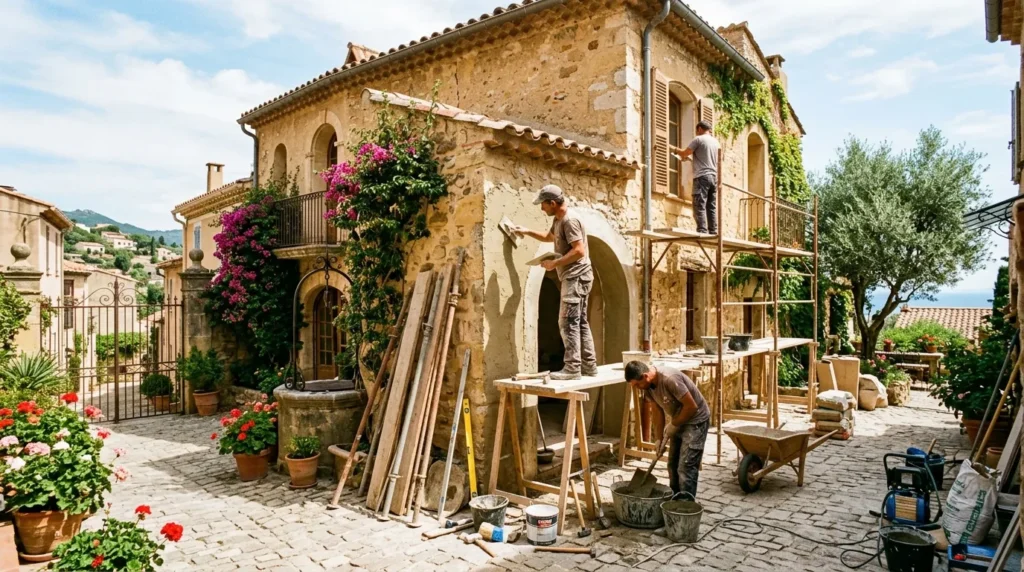 Artisans rénovant une villa méditerranéenne à Hyères, échafaudages, outils, cour ensoleillée.