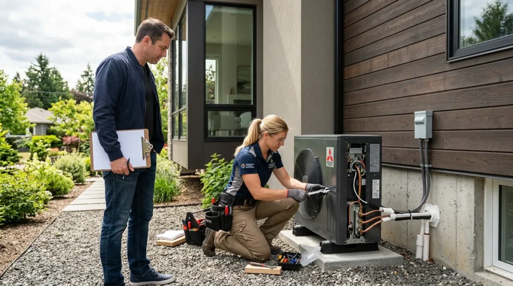 Technicien installant une pompe à chaleur extérieure près d’une maison moderne, propriétaire avec clipboard.