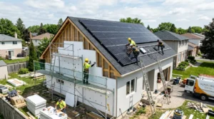 Ouvriers posant isolation extérieure et panneaux solaires sur toit de maison en banlieue.