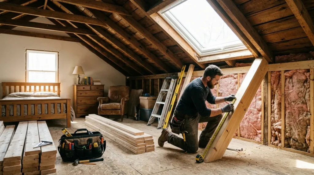 Grenier rénové ensoleillé avec fenêtre de toit, charpentier mesurant des poutres, isolation inachevée.