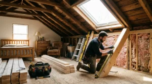 Grenier rénové ensoleillé avec fenêtre de toit, charpentier mesurant des poutres, isolation inachevée.