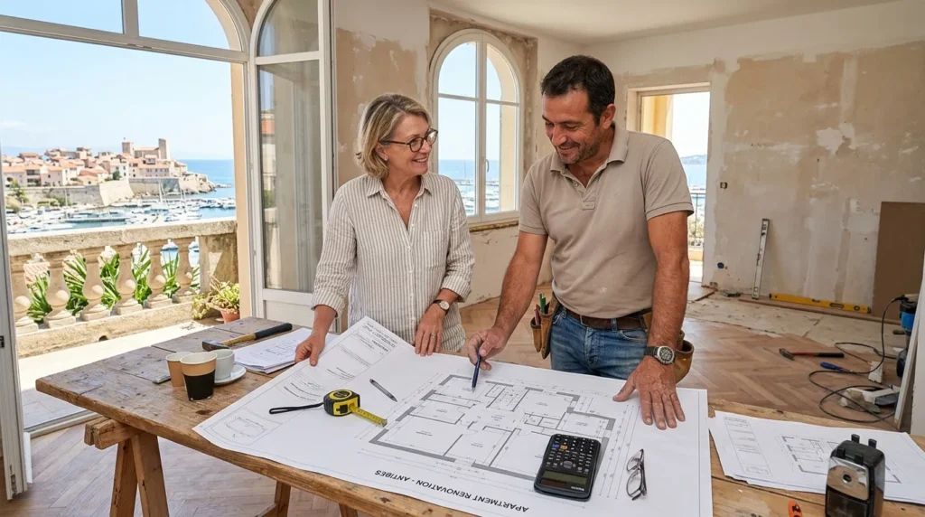 Contracteur et propriétaire examinant plans de rénovation, outils et calculatrice sur table lumineuse.