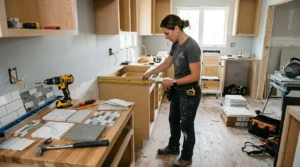 Photo d’un entrepreneur mesurant une cuisine partiellement rénovée, outils et échantillons sur comptoir.