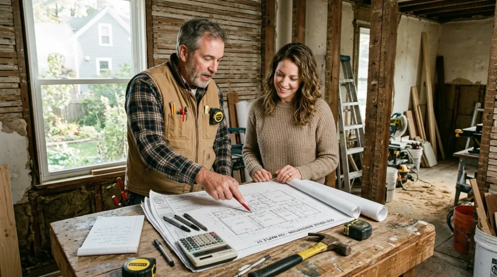 Inspection d’une rénovation de vieille maison, entrepreneur et propriétaire, plans, outils, calculatrice.