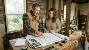 Inspection d’une rénovation de vieille maison, entrepreneur et propriétaire, plans, outils, calculatrice.