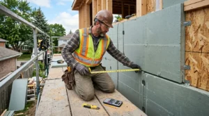 Contracteur pose une isolation extérieure, mesure au mètre ruban près d’une calculatrice.
