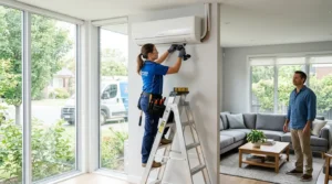 Technicien installe un climatiseur split mural dans salon moderne, propriétaire observe, lumière naturelle.