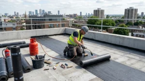 Un couvreur applique une membrane d’étanchéité sur toit-terrasse, outils et seaux proches.