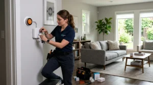 Technicien installant un hub domotique, capteurs et thermostat dans salon moderne.