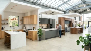 Showroom lumineux avec trois cuisines aménagées, bois, stratifié et plans quartz contrastés