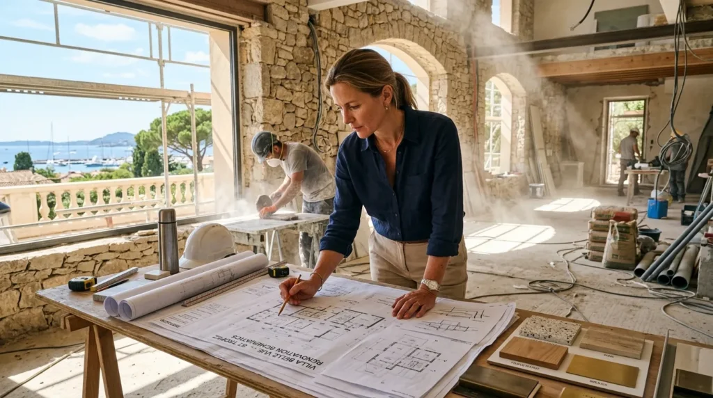 Architecte examinant des plans de rénovation dans villa à Saint-Tropez, soleil, poussière.