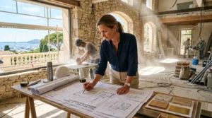 Architecte examinant des plans de rénovation dans villa à Saint-Tropez, soleil, poussière.