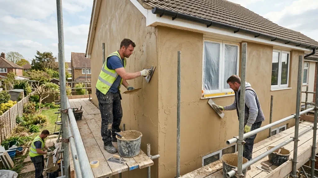 Ouvriers appliquant un enduit de façade frais sur le mur d’une maison.